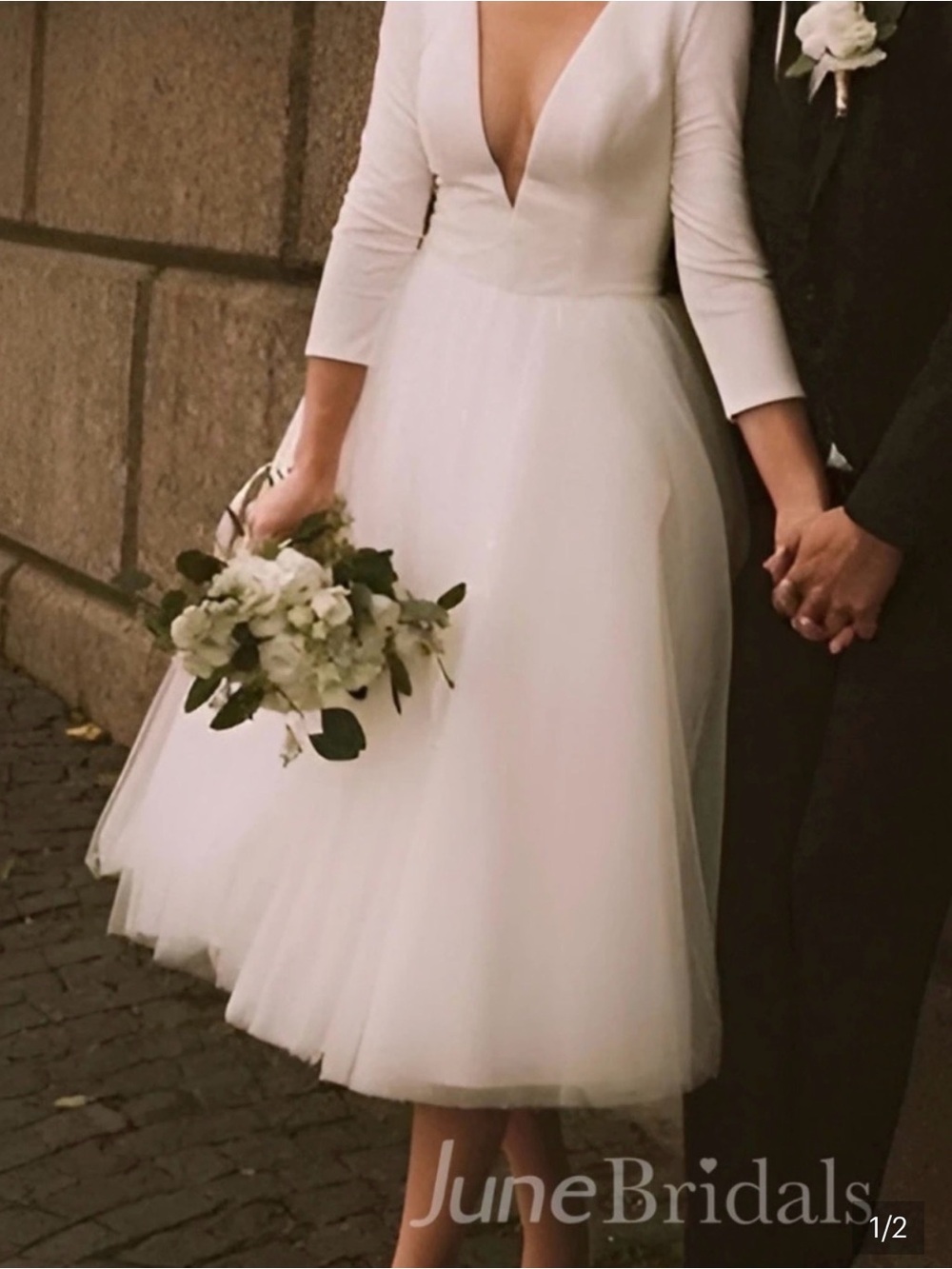 White A-Line Tea-Length Wedding Dress with Three-Quarter Sleeves